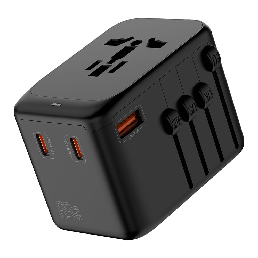 Cargador universal Roadtrip, tecnología GaN, 1 puerto USB y 3 puertos tipo USB-C, 65W, negro