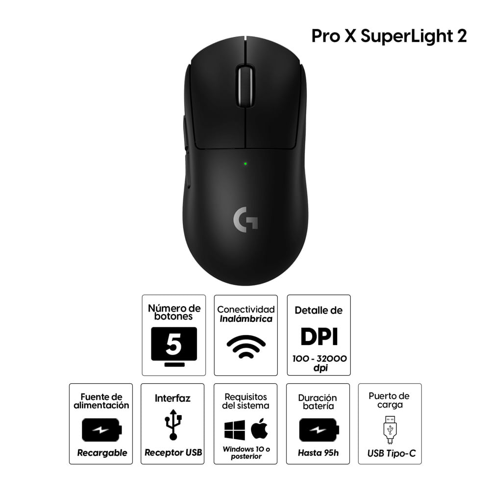 Imagen 2 del producto Mouse gamer Logitech G Pro X Superlight 2 Wireless Lightspeed, receptor USB, 32000 dpi, recargable, negro