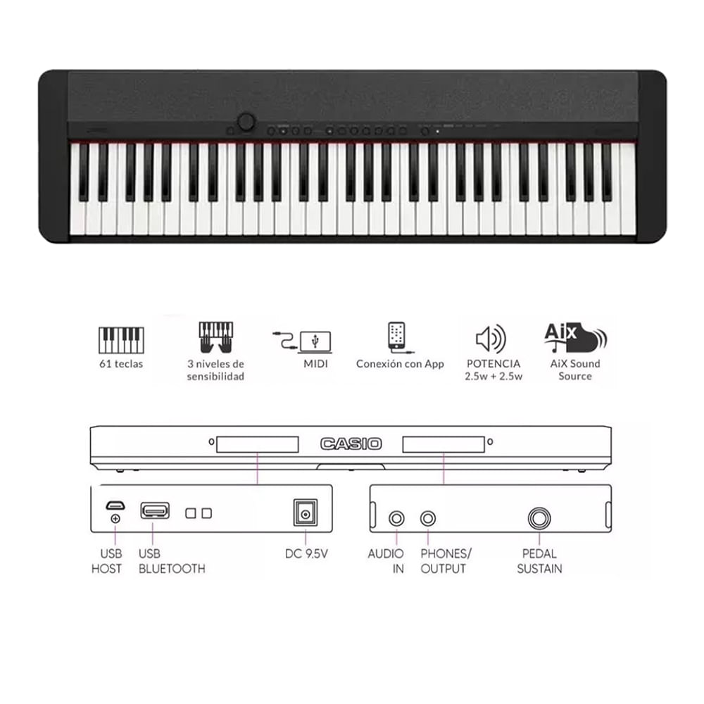 Imagen 2 del producto Teclado musical Casio CT-S1 Pack Piano, 61 número de tonos, negro