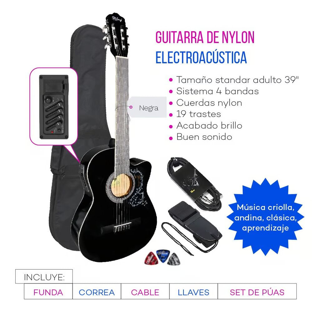 Imagen 2 del producto Guitarra Electroacústica de acabado gloss, tipo cuerdas nylon, negro