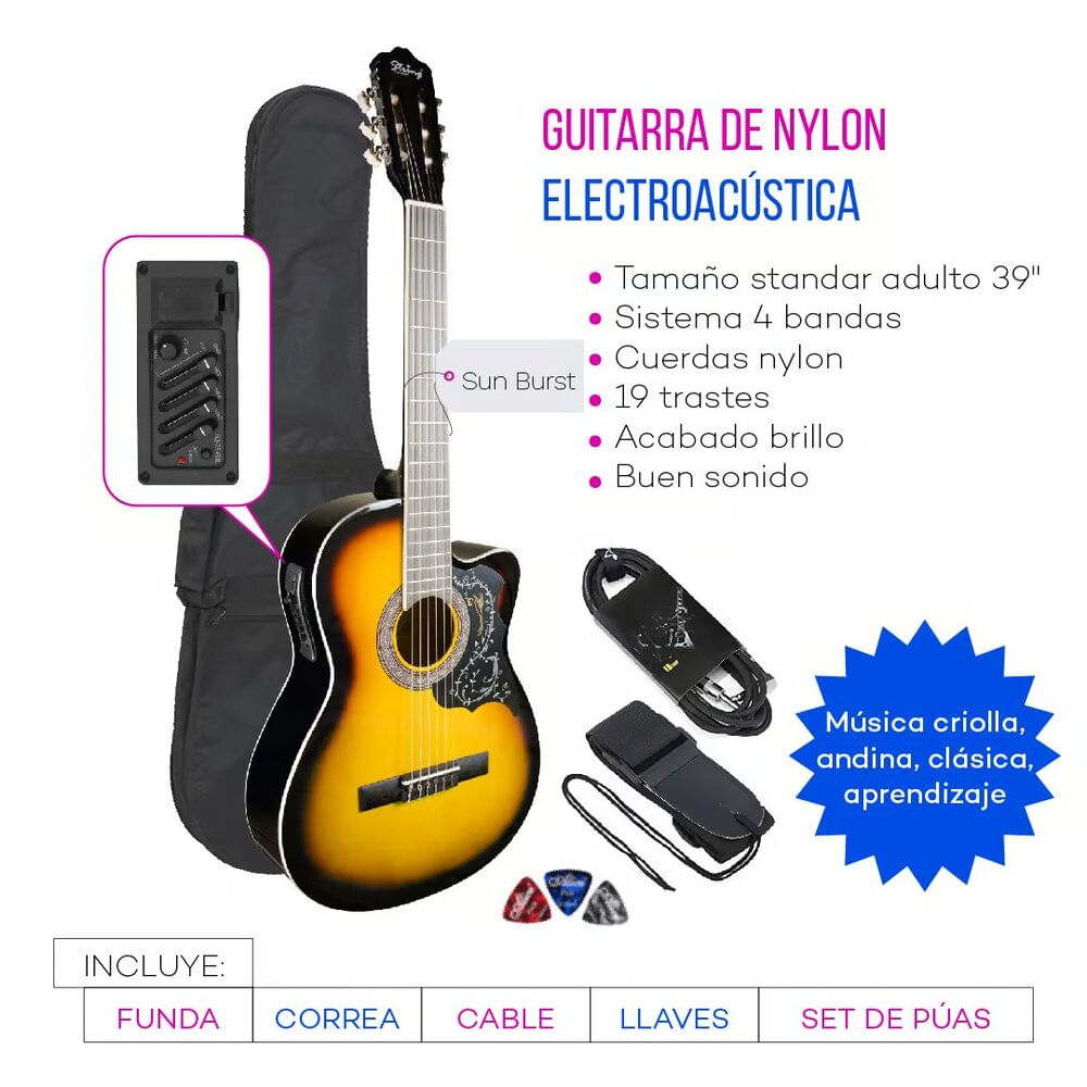 Imagen 2 del producto Guitarra Electroacústico tipo de cuerdas nylon, Sunburst
