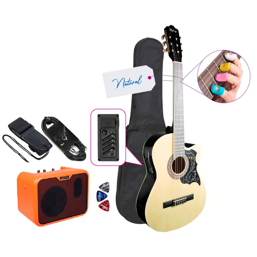 Pack Electroacústico tipo de cuerdas nylon, ecualizador 4 bandas, natural