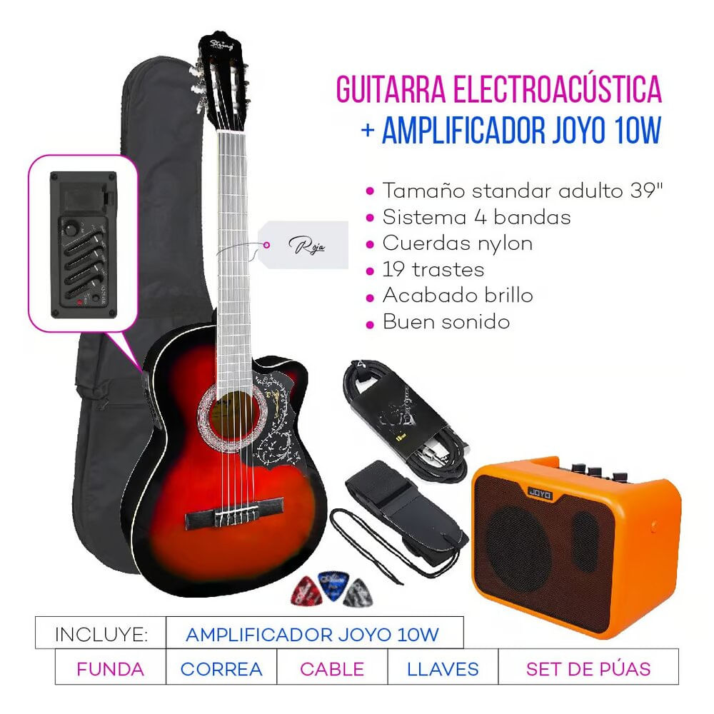 Imagen 2 del producto Pack Electroacústico acabado gloss, tipo de cuerdas nylon, rojo