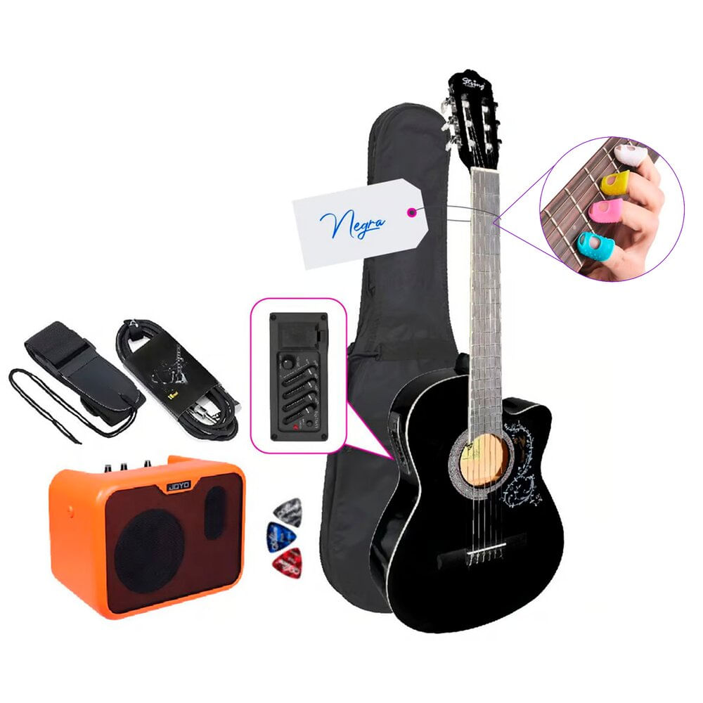 Pack Electroacústico + Amplificador joyo, tipo de cuerdas nylon, negro