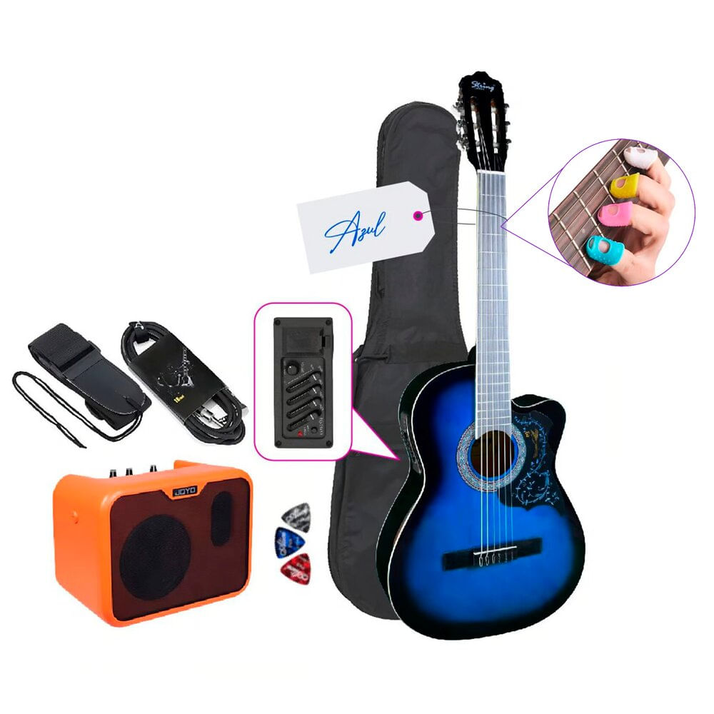 Pack Electroacústico + Amplificador joyo, tipo de cuerdas nylon, azul
