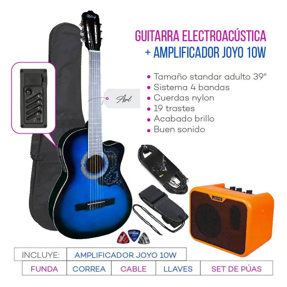 Imagen 2 del producto Pack Electroacústico + Amplificador joyo, tipo de cuerdas nylon, azul