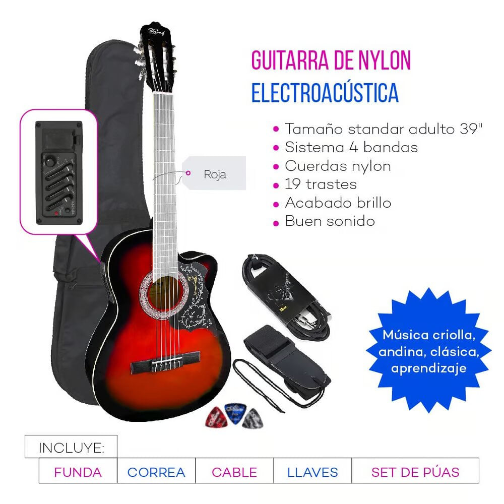 Imagen 2 del producto Guitarra Electroacústico, acabado gloss, tipo cuerda nylon, rojo