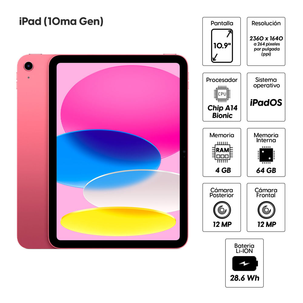 Imagen 2 del producto iPad (10ma Gen) 10.9"" Wi-Fi, 64GB, 4GB RAM, cámara principal 12MP y frontal 12MP, A14 Bionic, 28.6Wh, rosado