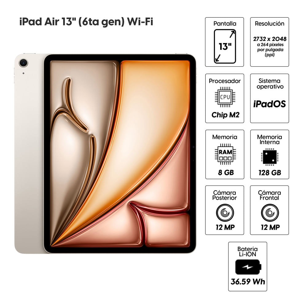 Imagen 2 del producto iPad Air 13"" (6ta Gen) 128GB, 8GB RAM, cámara principal 12MP y frontal 12MP, 36.59 Wh, Chip M2, starlight