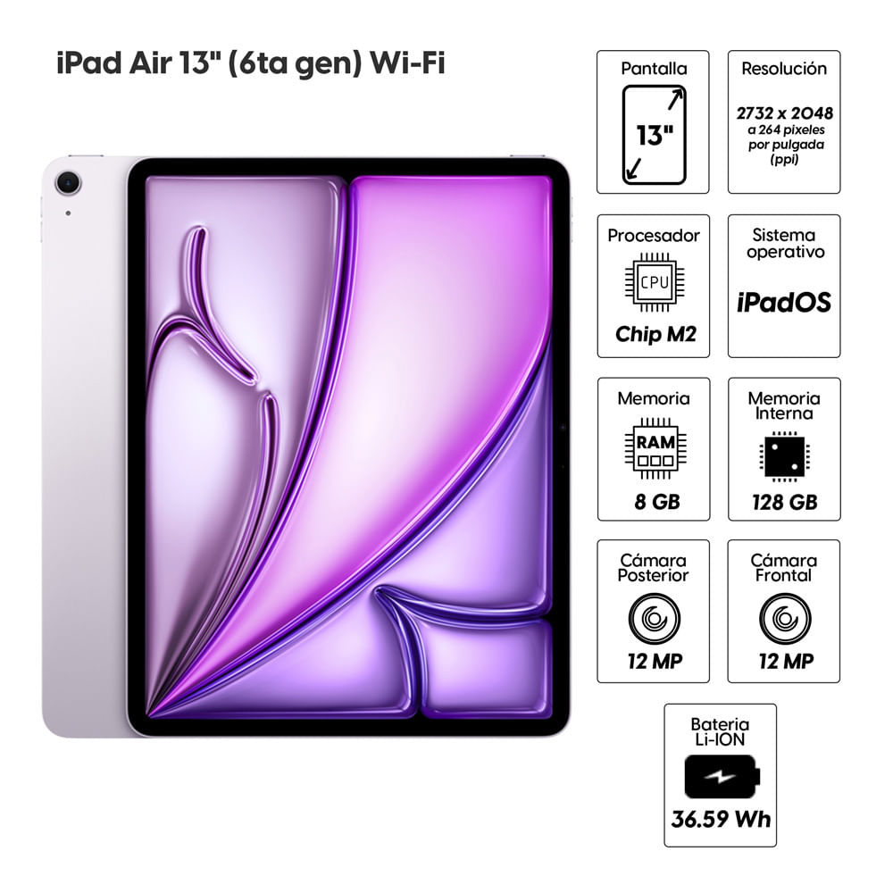 Imagen 2 del producto iPad Air 13"" (6ta Gen) 128GB, 8GB RAM, cámara principal 12MP y frontal 12MP, 36.59 Wh, Chip M2, morado