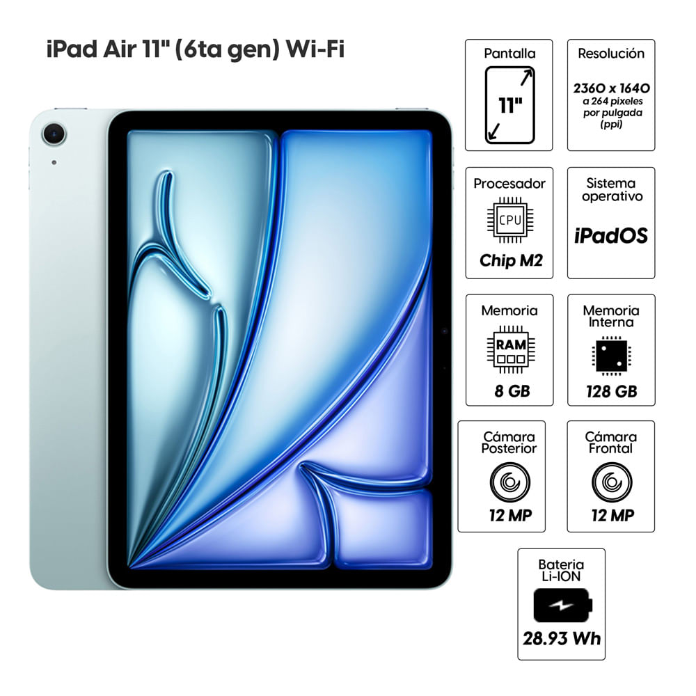 Imagen 2 del producto iPad Air 11"" (6ta gen) Wi-Fi 128GB, 8GB RAM, cámara principal 12MP y frontal 12MP, Chip M2, azul