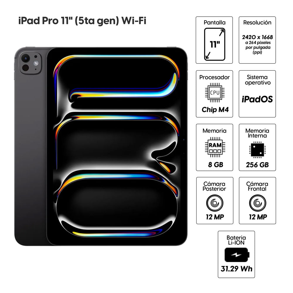 Imagen 2 del producto iPad Pro 11"" (5ta Gen) 256GB, 8GB RAM, cámara principal 12MP y frontal 12MP, 31.29 Wh, Chip M4, negro