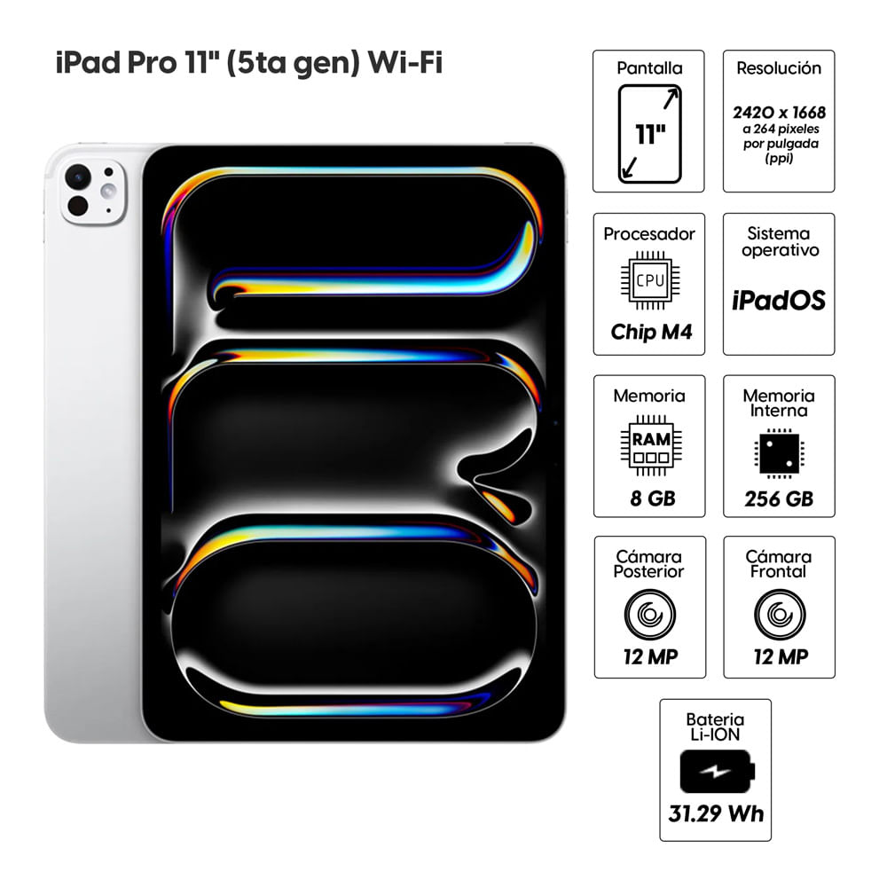 Imagen 2 del producto iPad Pro 11"" (5ta Gen) 256GB, 8GB RAM, cámara principal 12MP y frontal 12MP, 31.29 Wh, Chip M4, plata