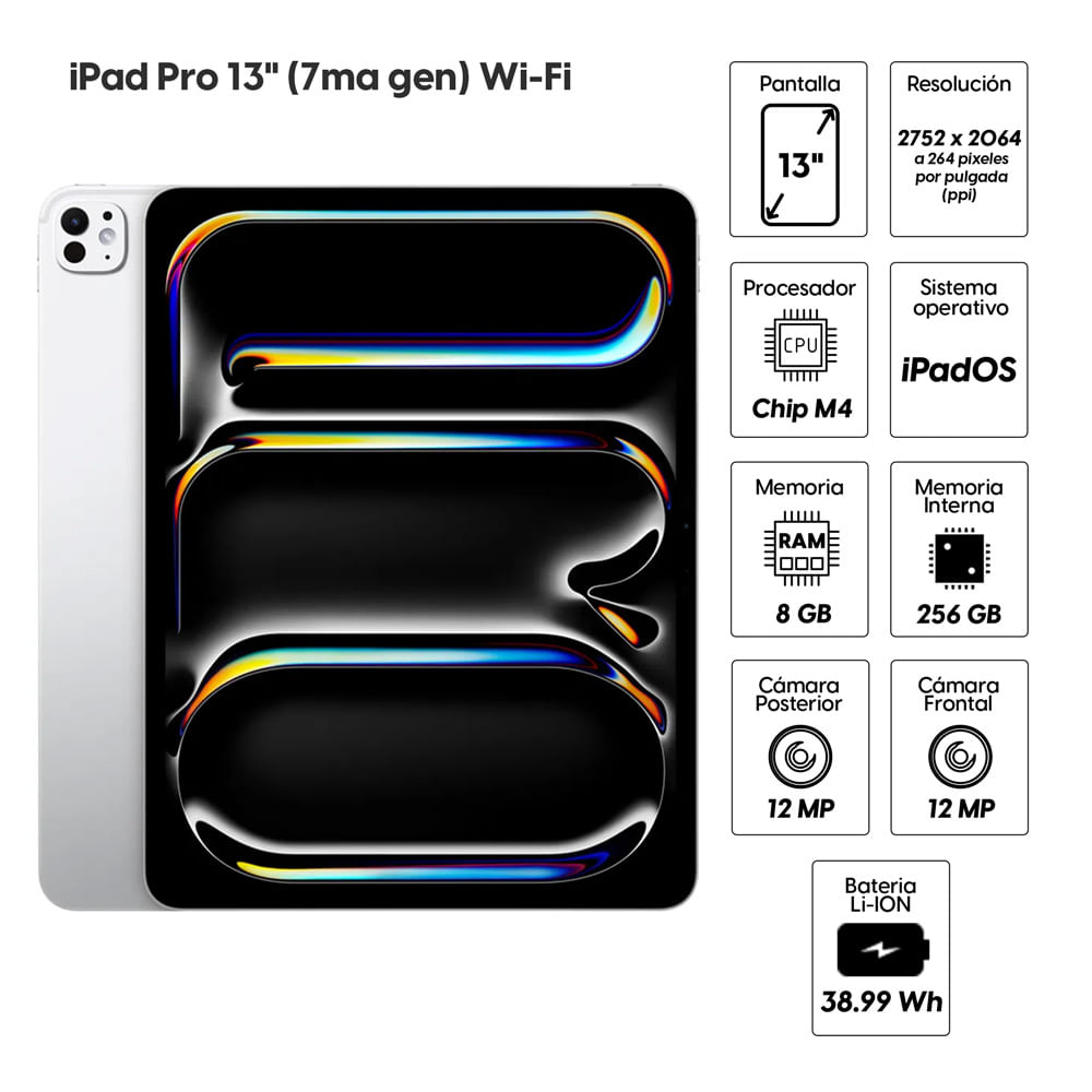 Imagen 2 del producto iPad Pro 13"" (7ma Gen) 256GB, 8GB RAM, cámara principal 12MP y frontal 12MP, 38.99 Wh, Chip M4, plata