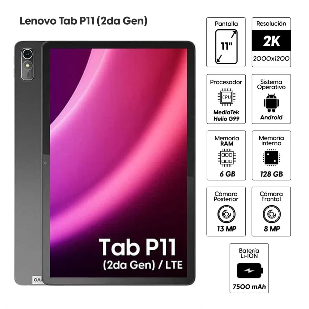 Imagen 2 del producto Tablet Lenovo Tab P11 (2da Gen) TB350XU 11.5"", 128GB, 6GB RAM, cámara principal 13MP y frontal 8MP, 4G LTE