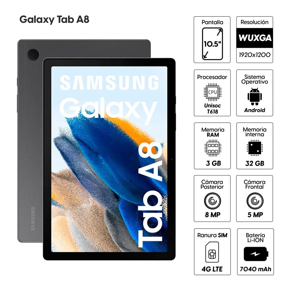 Imagen 2 del producto Tablet Samsung Galaxy Tab A8 10.5"" 32GB, 3GB RAM, cámara principal 8MP y frontal 5MP, 7040 mAh, gris (reempacado)