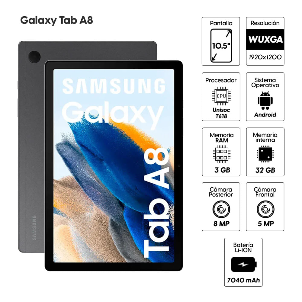 Imagen 2 del producto Reacondicionado: Tablet Samsung A8 10.5"", 32GB, 3GB RAM, cámara principal 8MP y frontal 5MP, Unisoc, 7040 mAh, gris