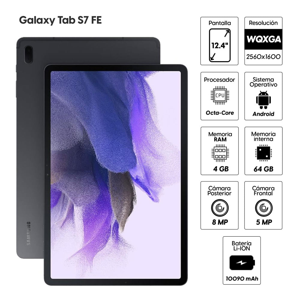 Imagen 2 del producto Tablet Samsung Tab S7 FE 12.4"" 64GB, 4GB RAM, cámara principal 8MP y frontal 5MP, 10090 mAh, negro (reempacado)