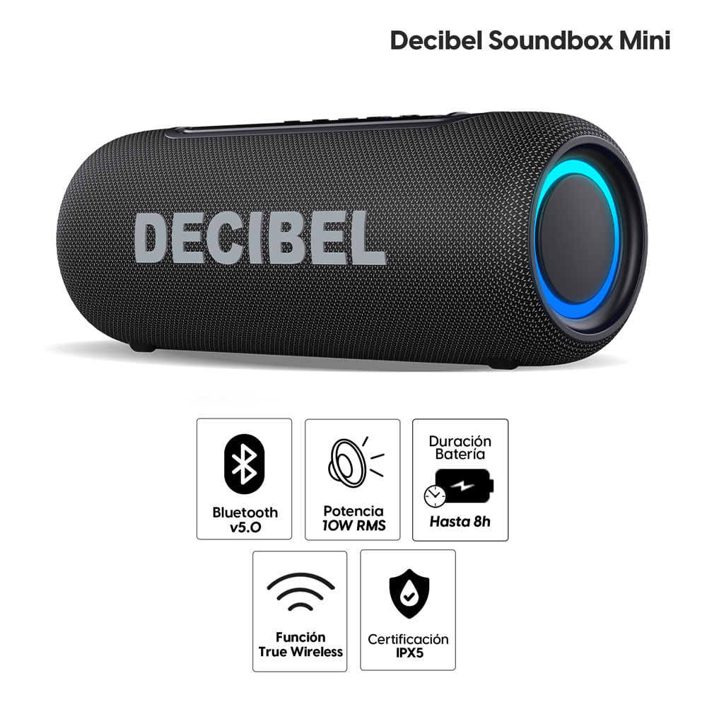 Imagen 2 del producto Parlante Bluetooth Decibel Soundbox Mini 10W RMS, hasta 10 horas de duración, resistente al agua y al polvo IPX5, negro