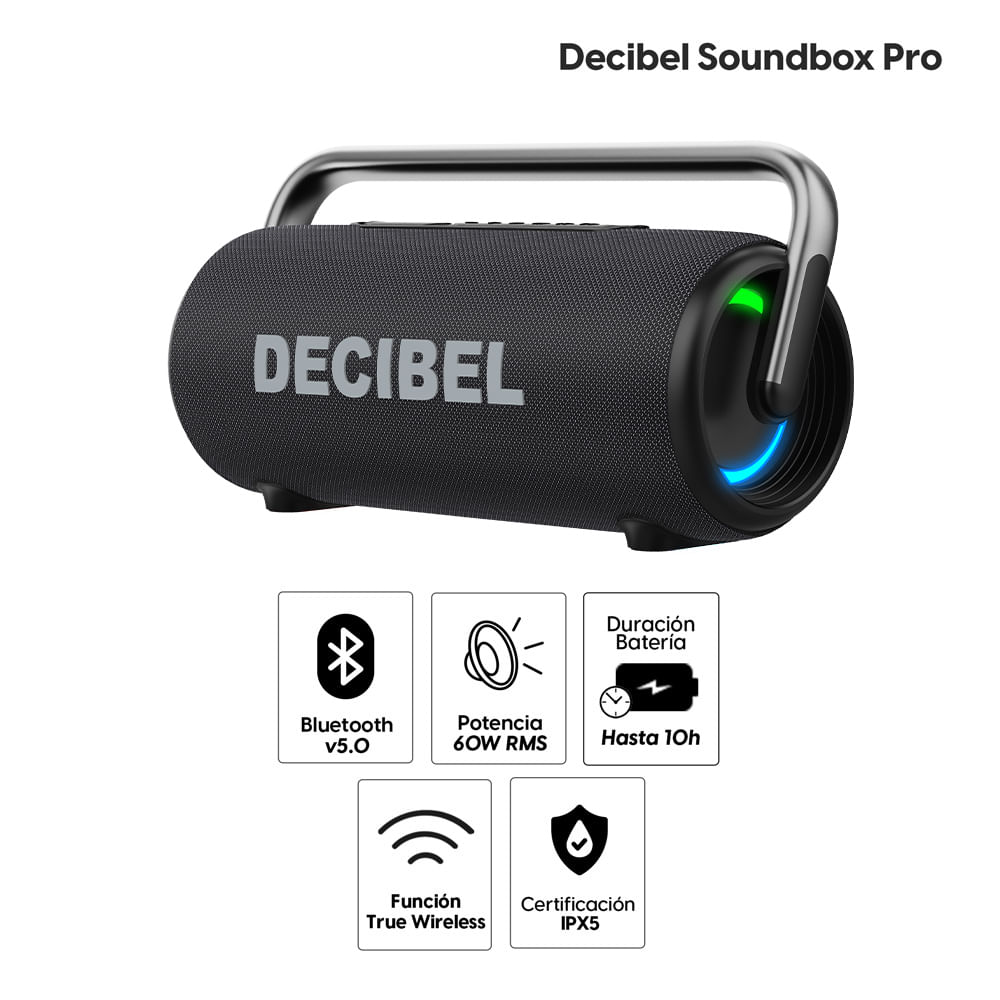 Imagen 2 del producto Parlante Bluetooth Decibel Soundbox Pro 60W RMS, hasta 10 horas de duración, potencia de bajos, resistente al agua y al polvo IPX5, negro
