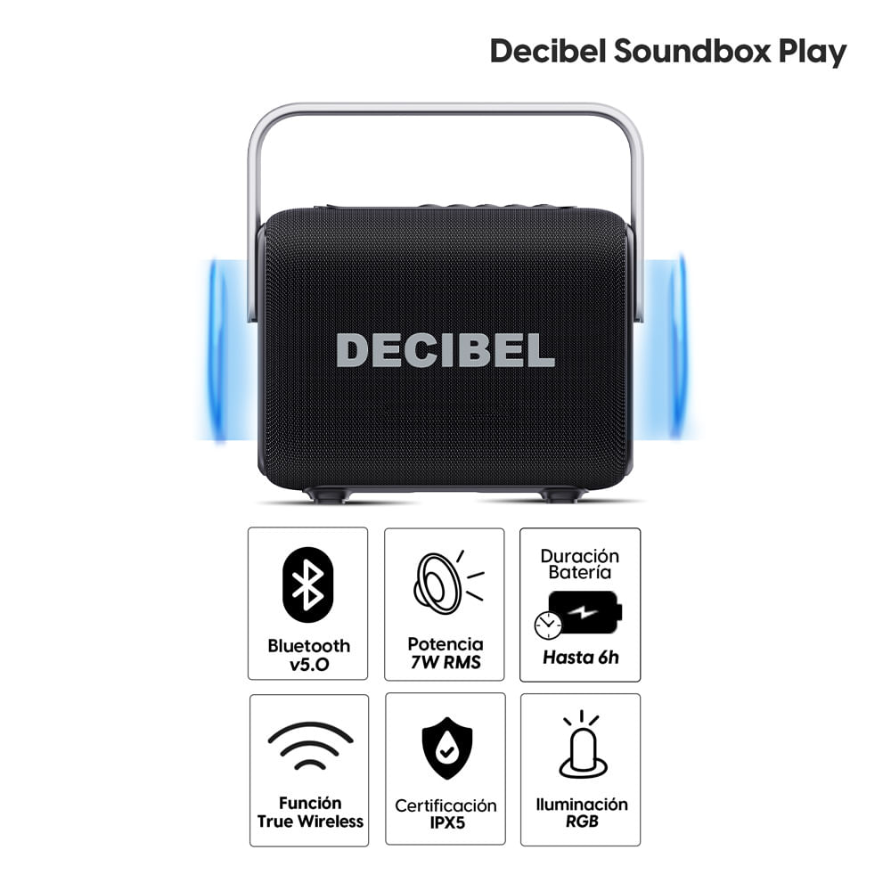 Imagen 2 del producto Parlante Bluetooth Decibel Soundbox Play 7W RMS, hasta 12 horas de duración, resistente al agua y al polvo IPX5, 5 efectos de luz, negro
