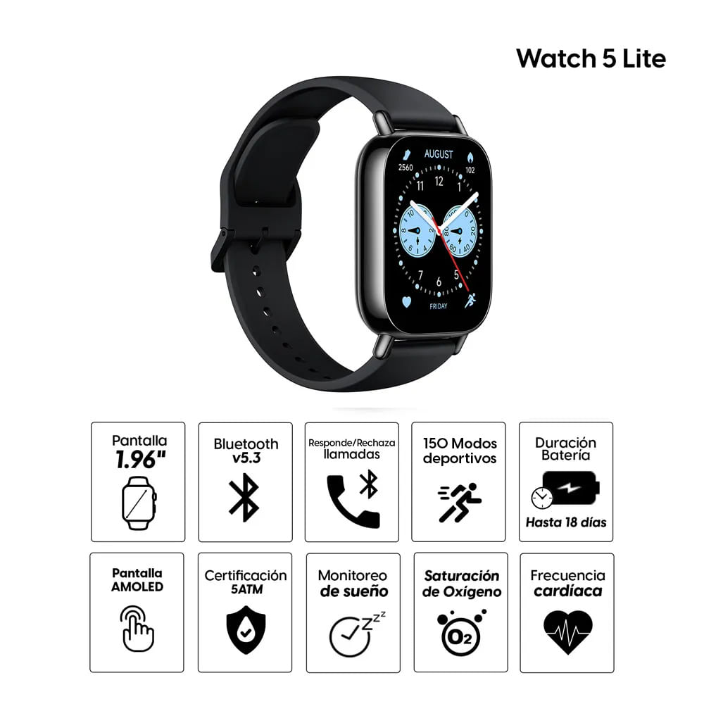 Imagen 2 del producto Smartwatch Xiaomi Redmi Watch 5 Lite pantalla 1.96""/ AMOLED, resistencia al agua 5ATM, llamadas bluetooth, batería hasta 18 días, modos deportivo