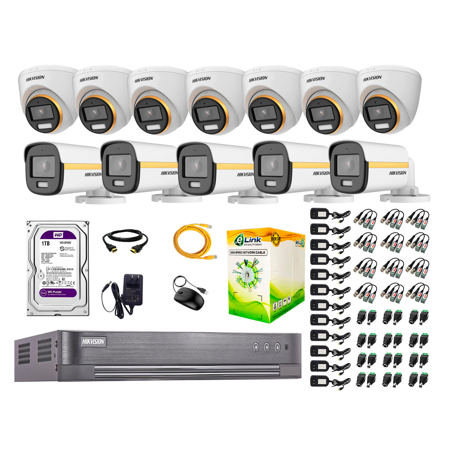 Cámaras seguridad kit 12 hikvision full HD, colorvu noche color + disco 1TB