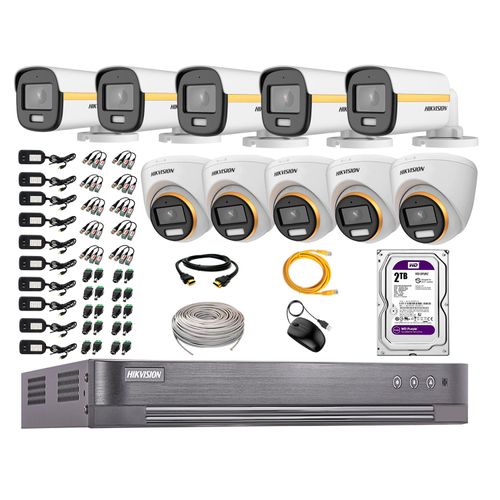 Cámaras seguridad kit 10 Hikvision full HD, colorvu noche color + disco 2TB