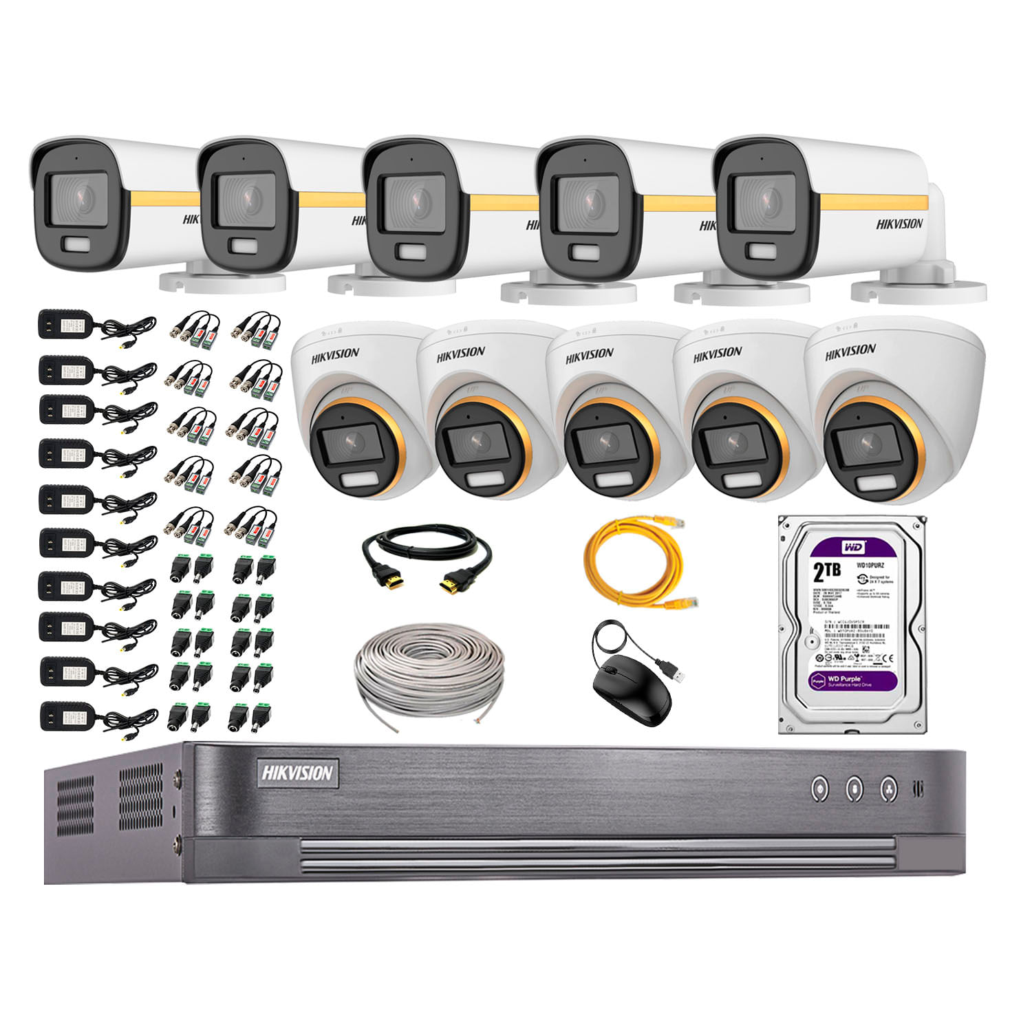 Cámaras seguridad kit 10 Hikvision full HD, colorvu noche color + disco 2TB