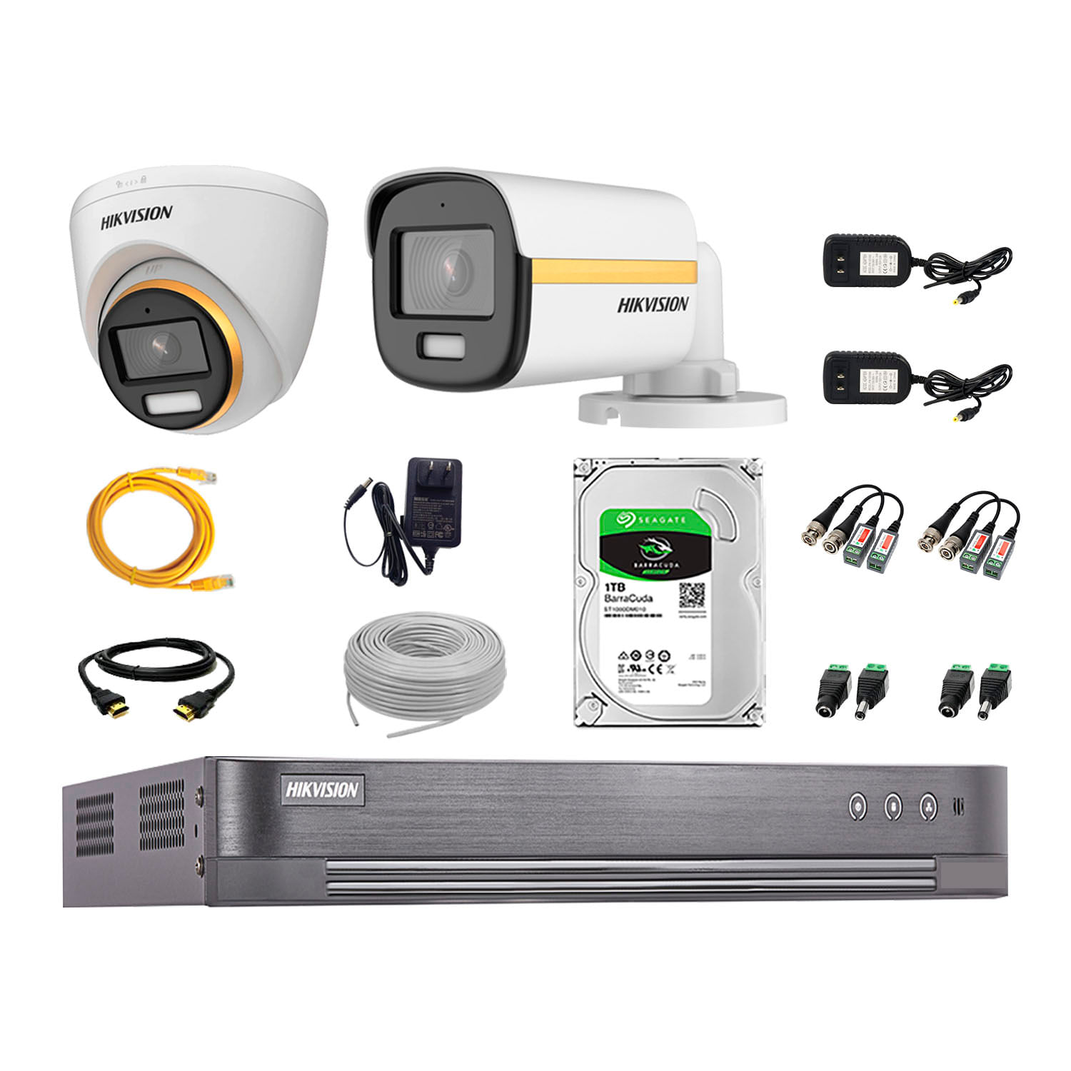 Cámaras seguridad kit 2 Hikvision full HD, colorvu noche color + disco 1TB