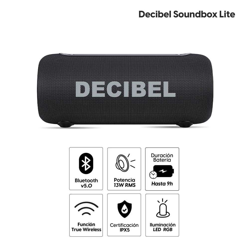 Imagen 2 del producto Parlante Bluetooth Decibel Soundbox Lite 13W RMS, hasta 12 horas de duración, resistente al agua y al polvo IPX5, con efectos de luz RGB, negro