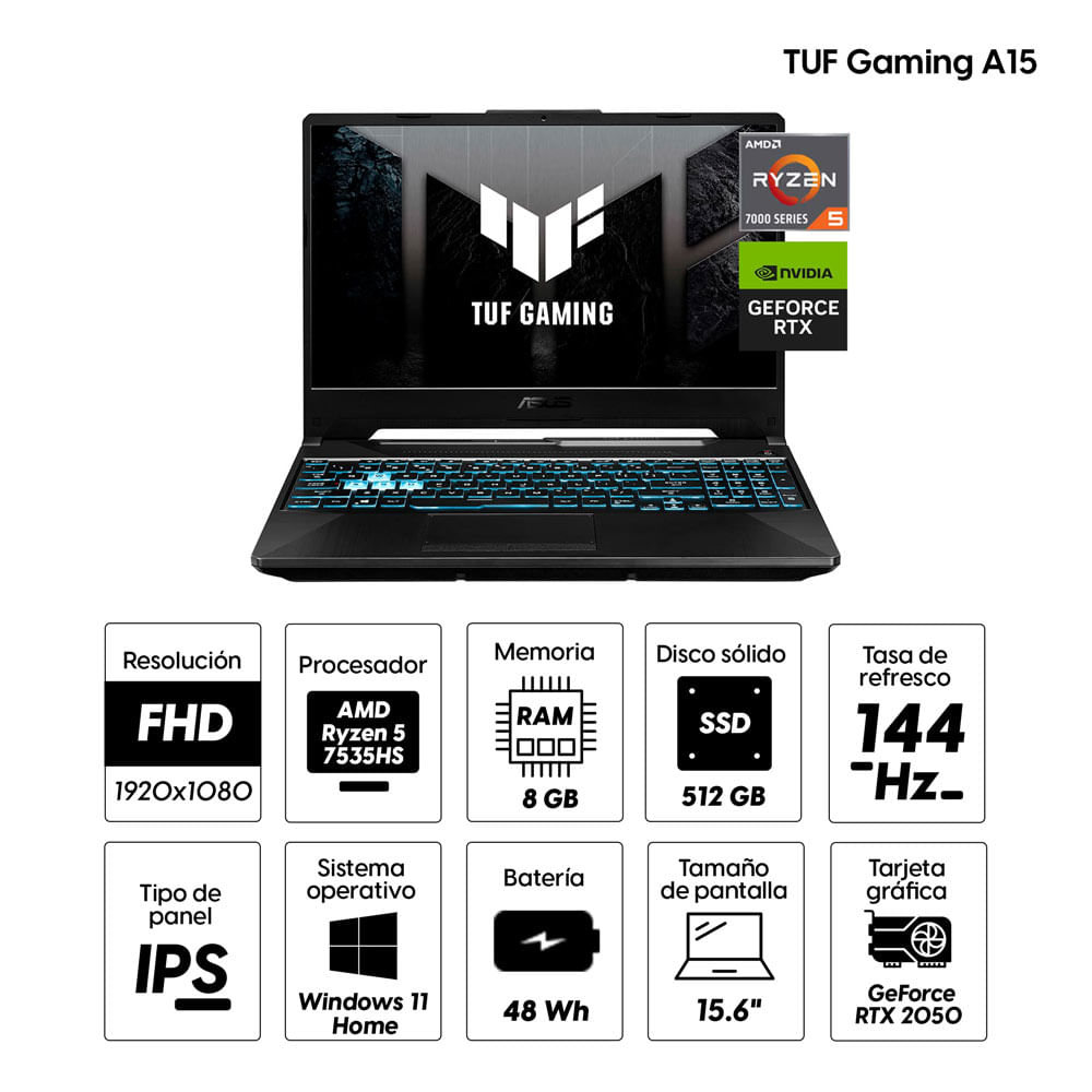 Imagen 2 del producto Laptop gamer Asus TUF Gaming A15 15.6"" AMD Ryzen 5-7535HS, 512GB SSD, 8GB RAM, GeForce RTX 2050 4GB, Win11, Home, negro