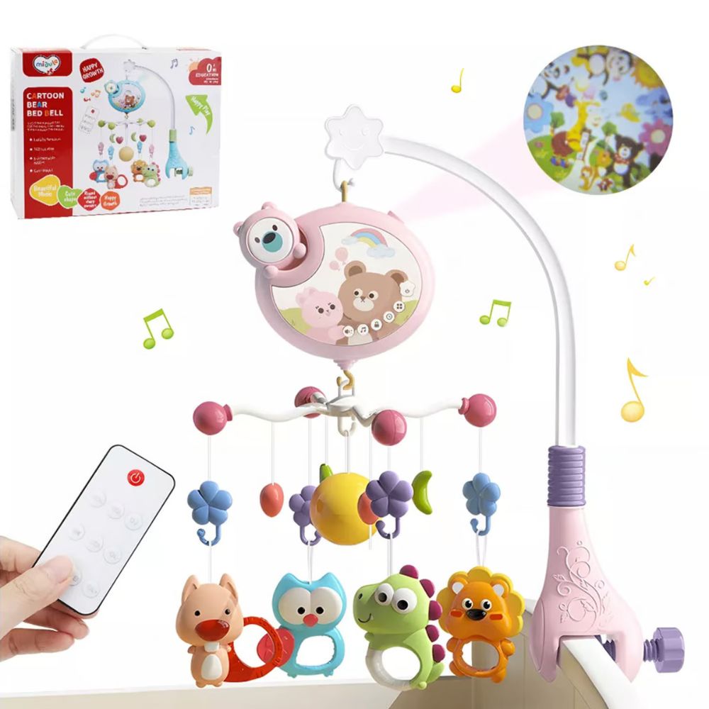 Móvil para cuna osito con proyector y control remoto, rosado