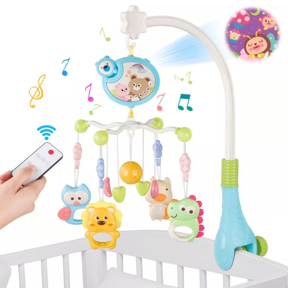 Móvil para cuna osito con proyector y control remoto, celeste