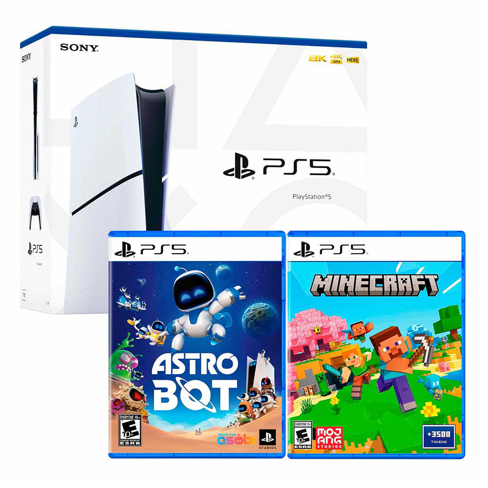 Consola PlayStation 5 Slim con lector de discos, 1TB + Juego Astro Bot + Juego Minecraft