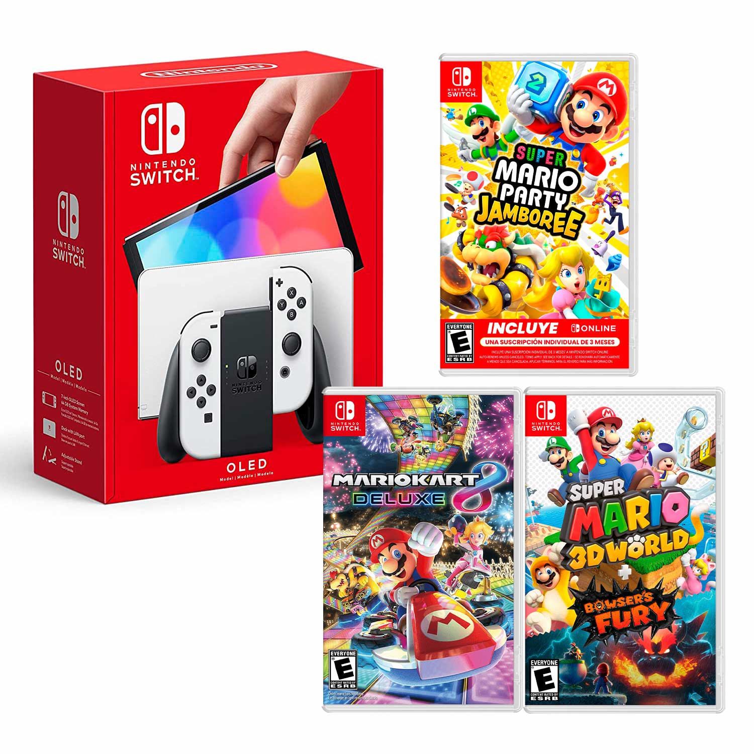 Consola Nintendo Switch Modelo Oled + Mario Party Jamboree+ Mario Kart 8 + Mario Fury, blanco