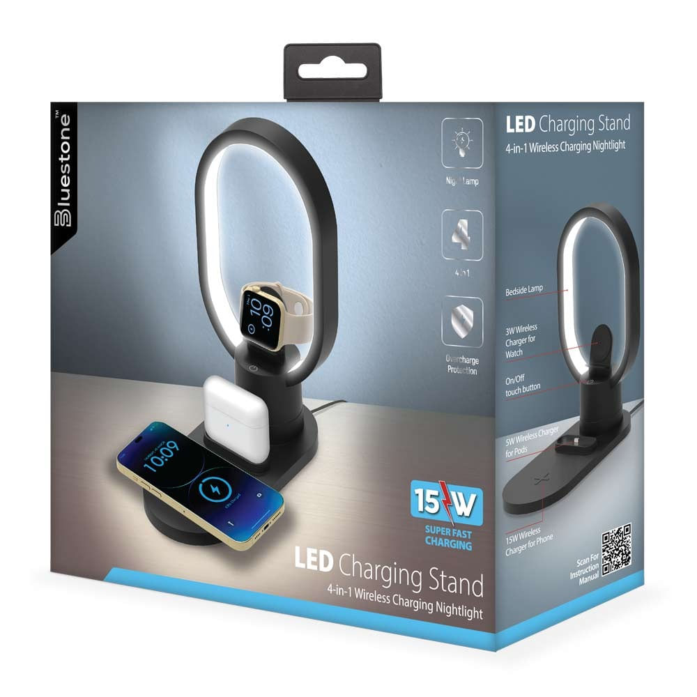 Imagen 2 del producto Cargador inalámbrico Bluestone 3 en 1, 15W, carga rápida, compatible iPhone, Apple Watch y Airpods, luz led, negro (reempacado)