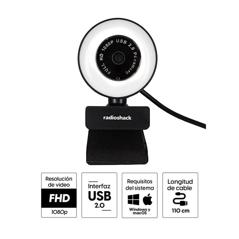 Imagen 2 del producto Reacondicionado: Cámara web Radioshack FHD 1080p, conexión USB, con luz led, enfoque y brillo automático
