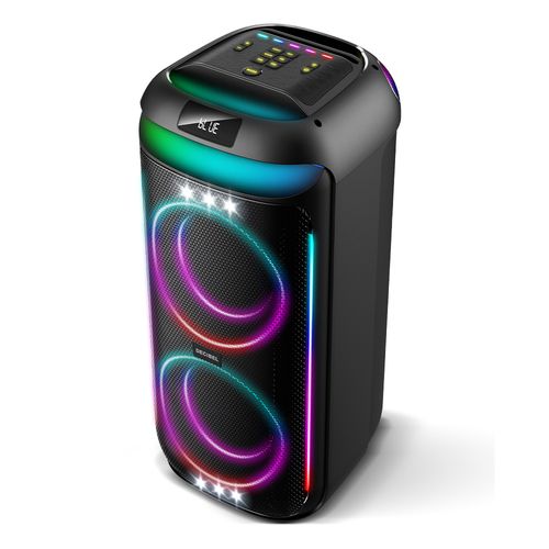 Parlante de torre Bluetooth Decibel PartyLights 100W de potencia, altavoces de 2*6.5"+1.5", protección IPX4, luces led, radio FM, USB, control remoto