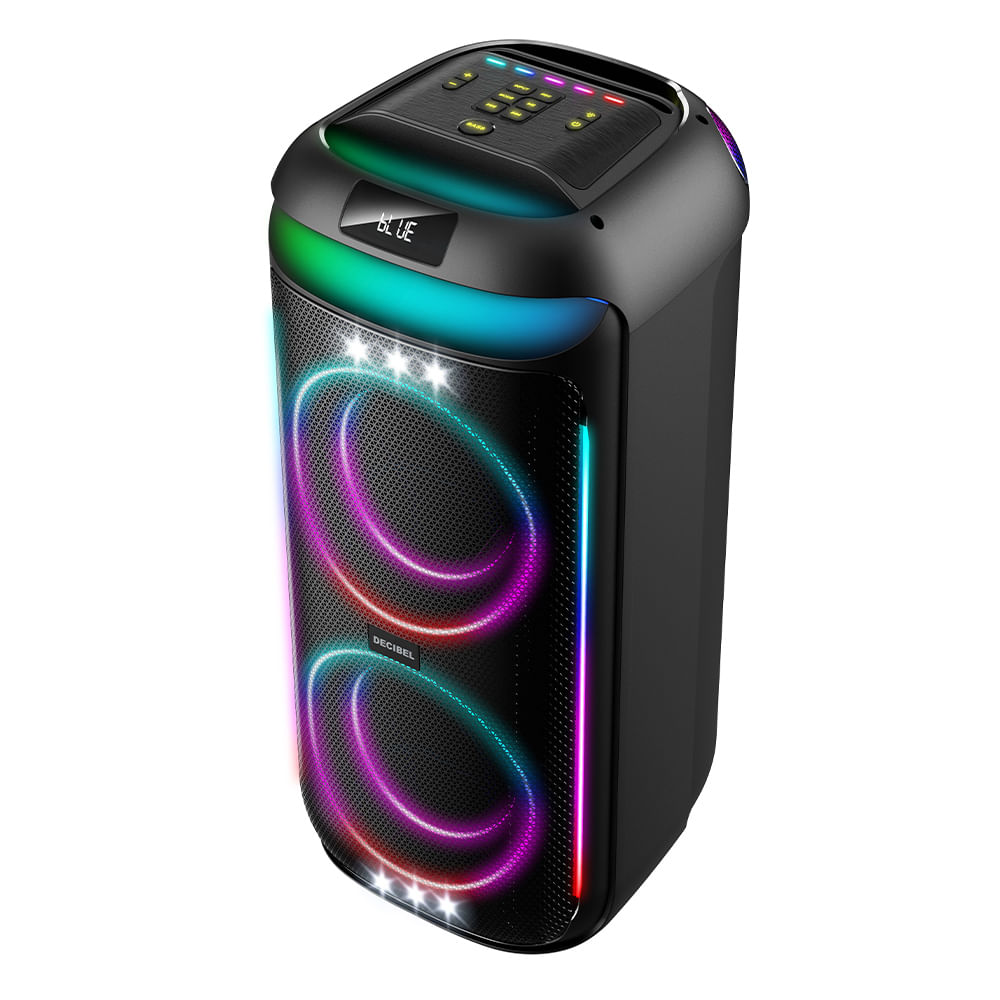 Parlante torre Bluetooth Decibel PartyLights Pro 160W de potencia, altavoces 2*8"+1*2,5", protección ipx4, luces led, radio fm, usb, control remoto