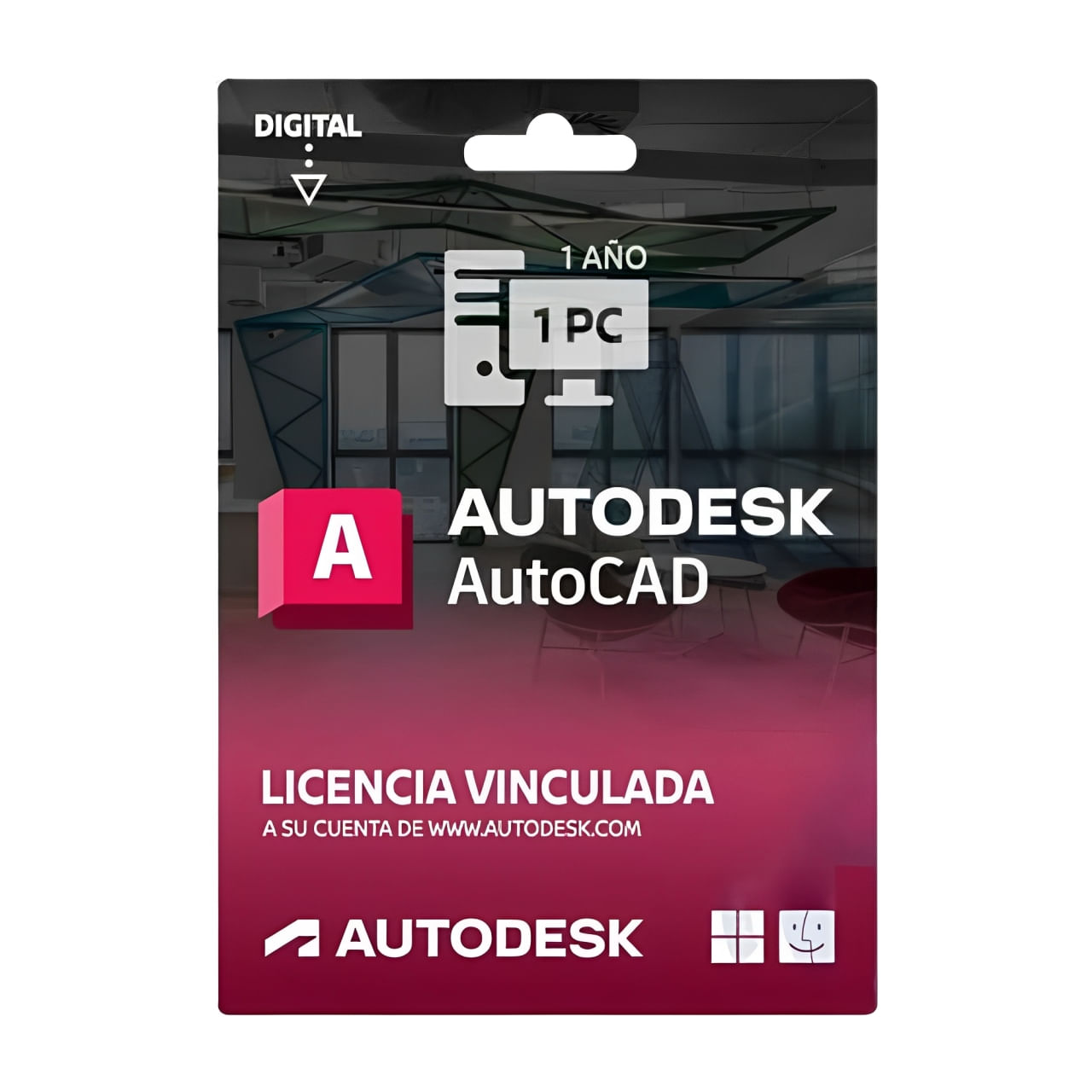 Licencia digital AutoCAD Commercial, 1 usuario, compatible con Windows y macOS, duración 1 año