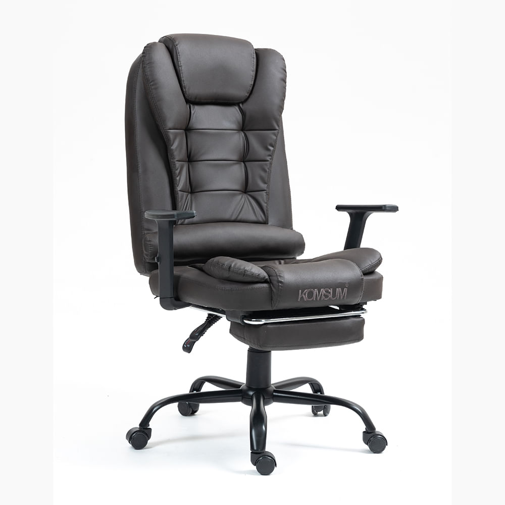 Silla ergonómica de oficina gerencial Komsum, base de acero roma, reclinable 155°, marrón oscuro