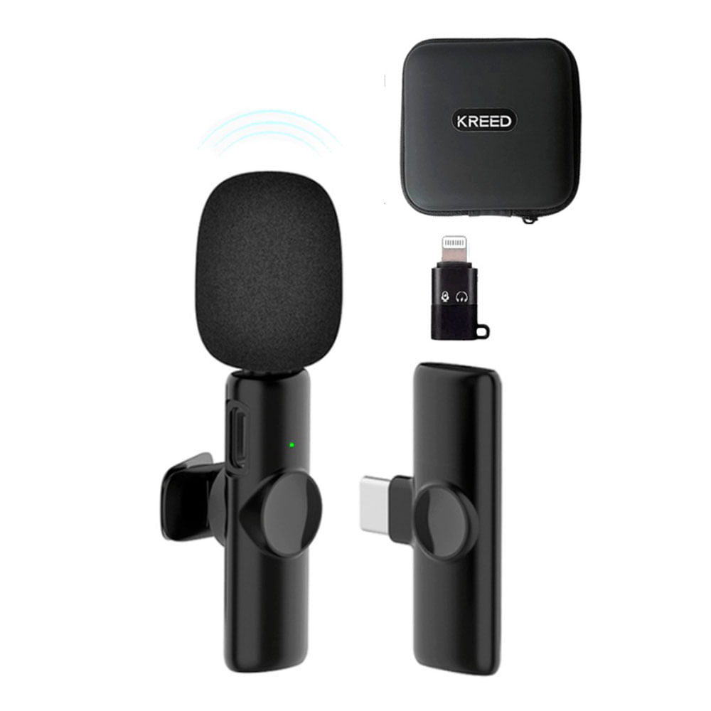 Micrófono solapero inalámbrico Kreed K11 conexión tipo C, hasta 4 horas, cobertura de 20 metros, negro + Adaptador para iPhone