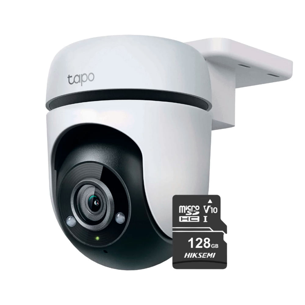 Cámara de seguridad Tapo C510W 2K para exteriores + Micro SD 128GB, Wi-Fi, micrófono, 360°, blanco