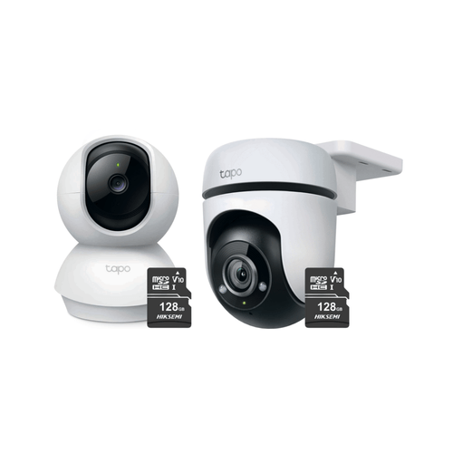 Kit de cámara de seguridad 2K Tapo C210 360° + Tapo C510W + Micro SD 128gb, IP65, alarma, blanco