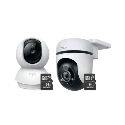 Kit de cámara de seguridad 2K Tapo C210 360°+ Tapo C510W + Micro SD 64GB, visión nocturna a color, blanco