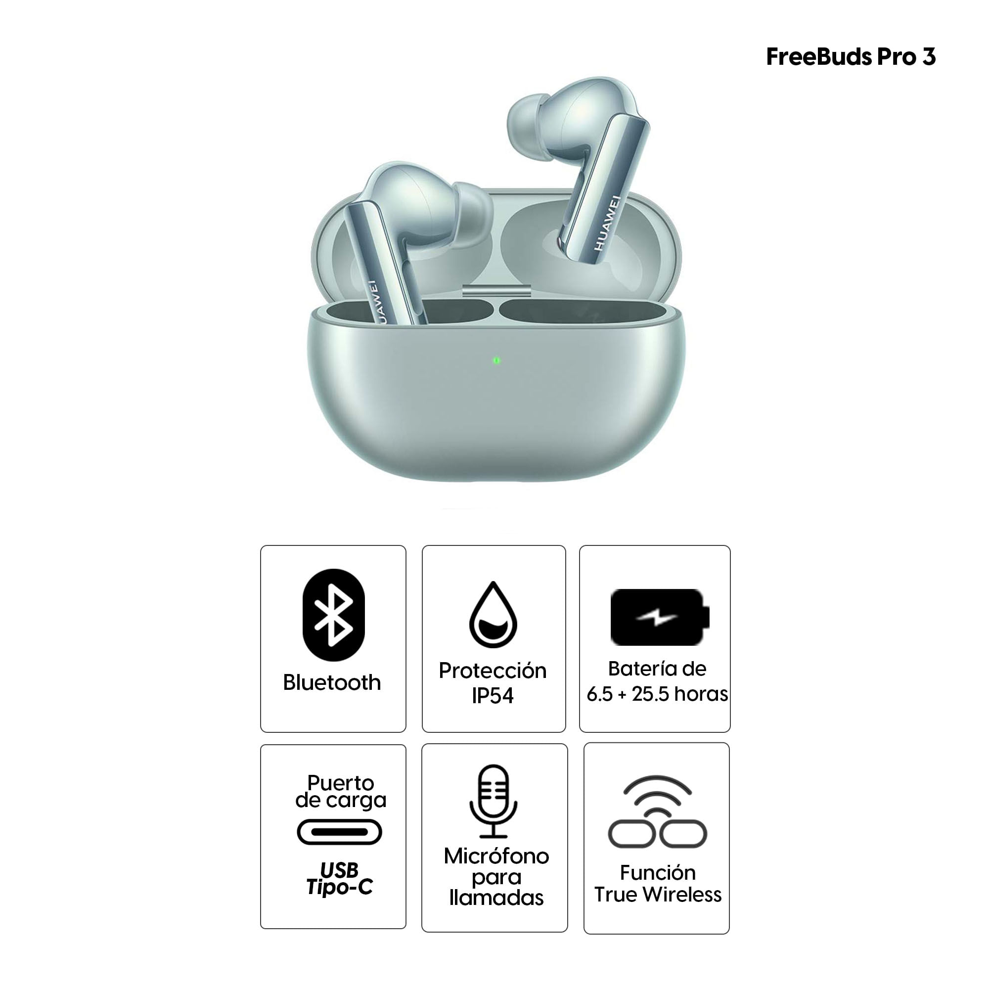 Imagen 2 del producto Audífonos bluetooth True Wireless Huawei FreeBuds Pro 3 resistente al agua IP54 duración máx. 32 horas con estuche, control música y llamadas, verde