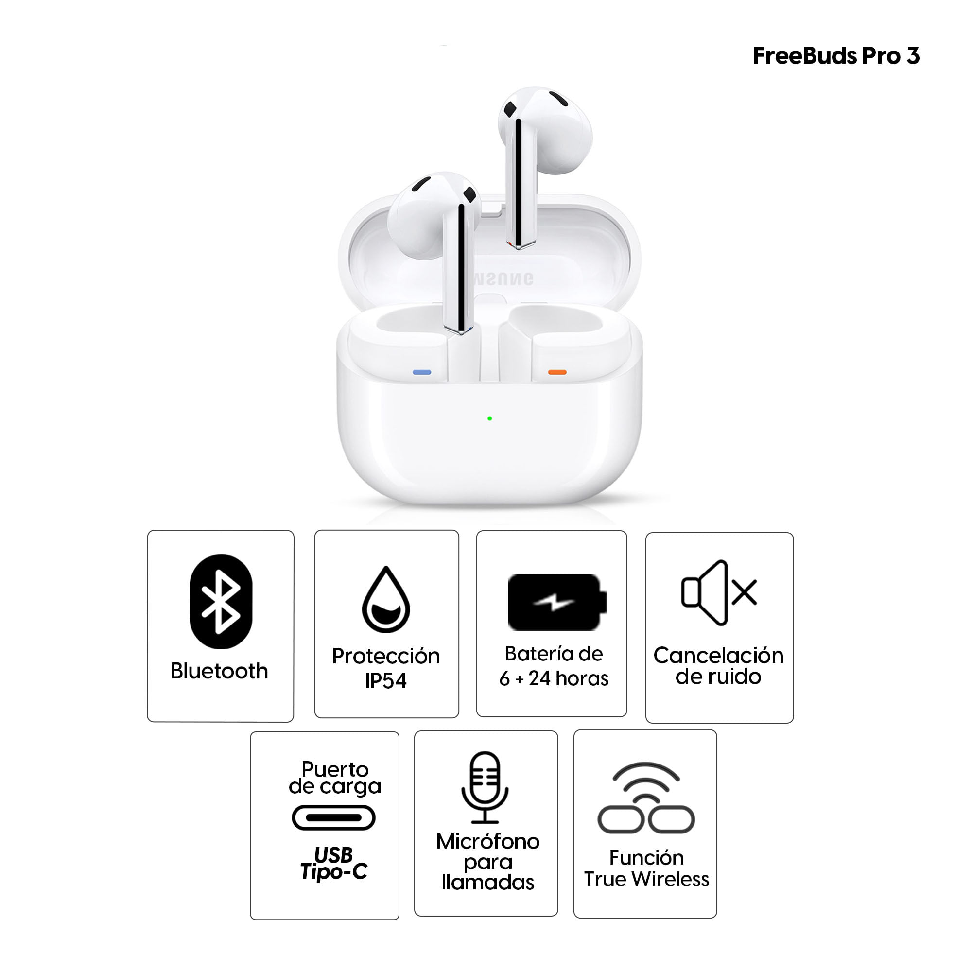 Imagen 2 del producto Audífonos bluetooth True Wireless Samsung Galaxy Buds3 cancelación de ruido, duración máx. 30 horas con estuche de carga, blanco