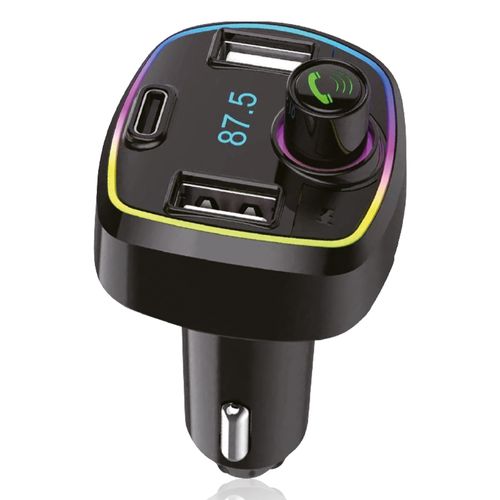Transmisor bluetooth para carro Roadtrip, enchufe para encendedor, carcasa metálica, manos libres, puertos USB/USB-C, música y llamadas, negro.