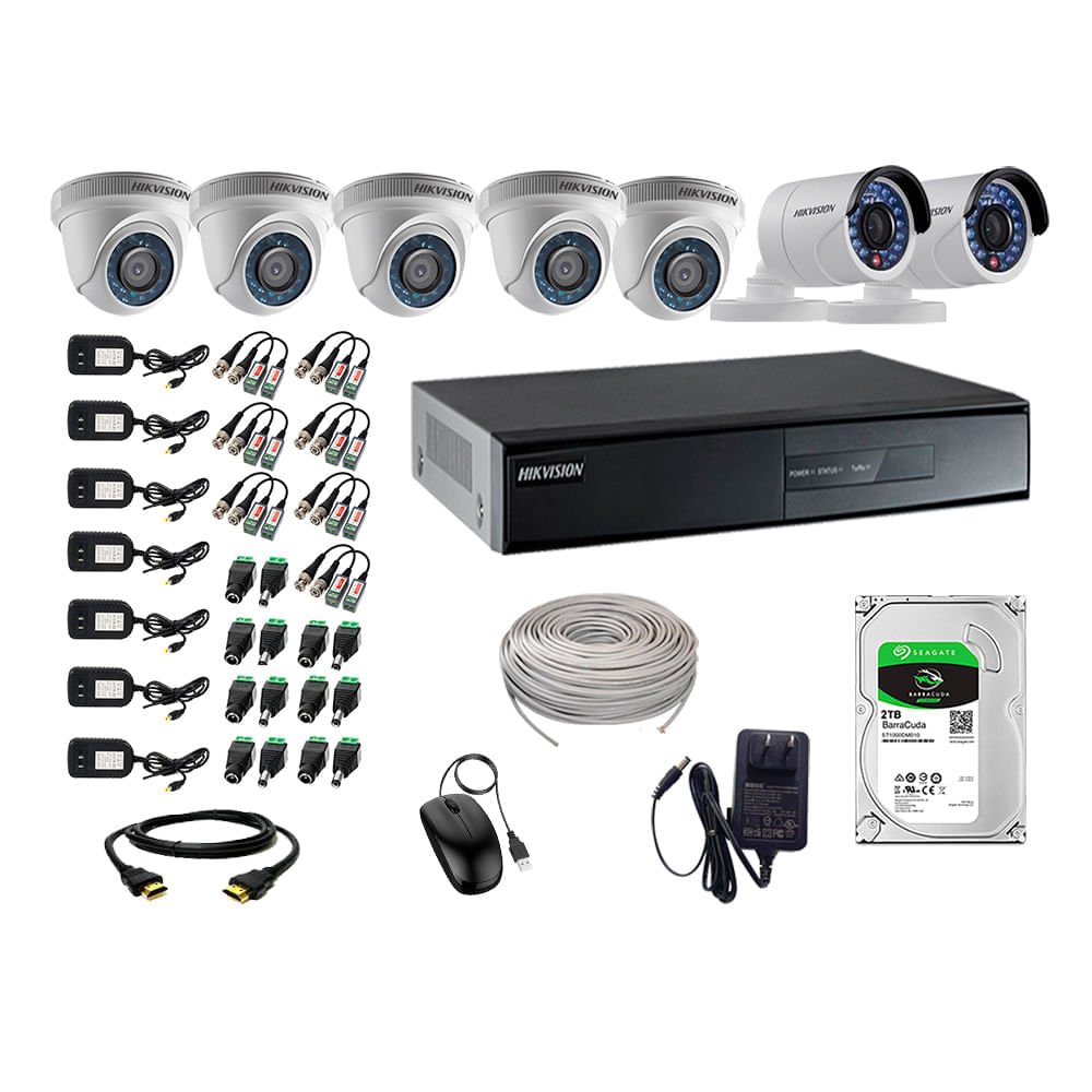 Cámaras seguridad kit 7 Hikvision HD 720p + disco 2TB, HD, p2p, blanco
